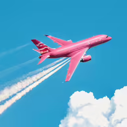 a pink jet flying in the air with its landing jets behind it