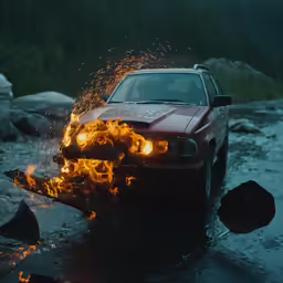 a car is burning in the middle of a road