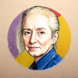 an older woman with blonde hair is shown in a circular drawing