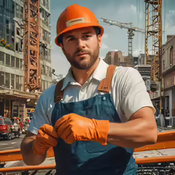 the worker in an orange helmet is pointing out
