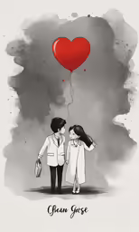 the couple is holding onto a red heart balloon