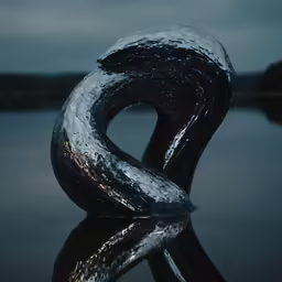 an interesting black sculpture on the water