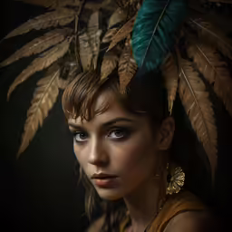 a beautiful young lady wearing a leaf hat