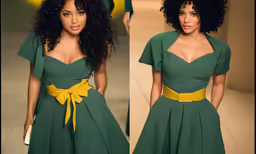 an african woman in a green dress with yellow belt