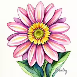 a watercolor drawing of a pink daisy,a pink flower with a green center in the middle