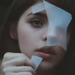 a woman holding up her face with a piece of paper over her eyes