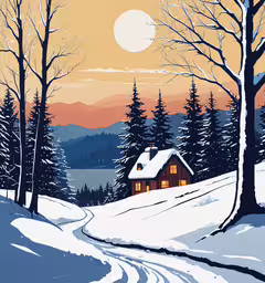 a poster depicts a snowy cabin and trees,a snowy landscape with trees and a house in the distance