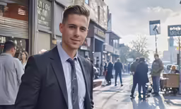 a man in a suit standing outside near people