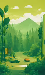 the painting depicts a rural road with a forest scene and mountain,painting of road and trees on a sunny day
