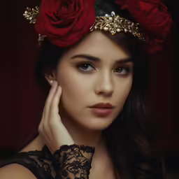 the beautiful girl wears a red flower and gold head piece