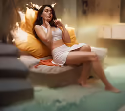 a woman is in white and wearing an orange skirt