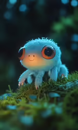 a little blue alien like creature standing on some green grass