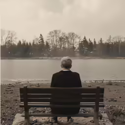 an older woman sitting on a bench looking out to the water