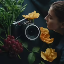 a woman holding an analog camera near flowers and berries
