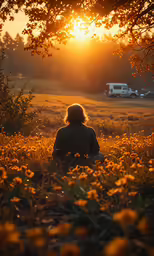 a person sitting in a field looking at the sun