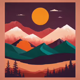 a large painting of the sun setting over the mountains,a stylized painting of mountains and trees with the sun coming down