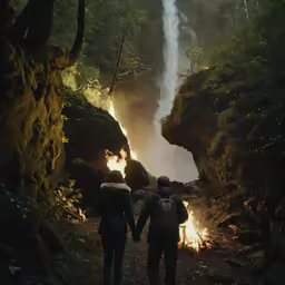 two people walking down the path towards a waterfall
