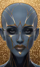 a blue woman with golden facial mask against gold background