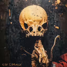 a fake human skull with yellow highlights sits on top of a table