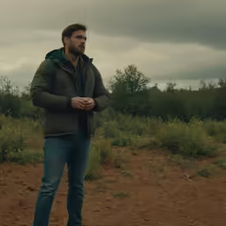 a man standing in a field holding a frisbee
