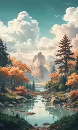 a landscape image with mountains and a river surrounded by foliage