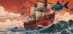 a sail ship with lots of fish swimming nearby,there is a boat that has many fish on it