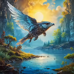 a painting of an eagle flying over water near a forest