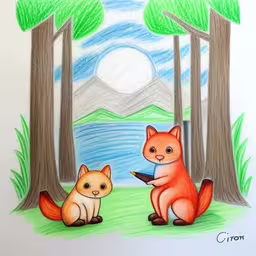 a drawing of two foxes sitting in the forest