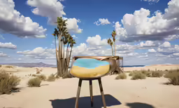 a piece of furniture on a stand in the middle of some desert