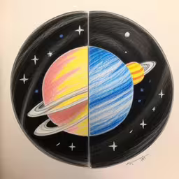 there are two paintings, one showing saturn and the other a planet