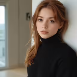 young girl in black sweater leaning against wall