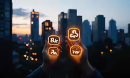 two hands holding up an illuminated message that says birk in front of a cityscape