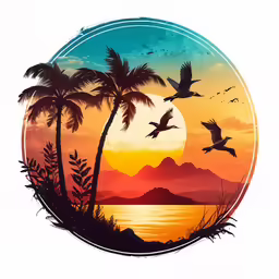 a sunset with palm trees and birds flying around it