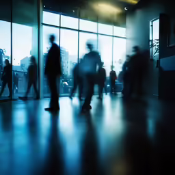 there are many people walking in the glass building