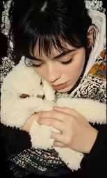 a girl in a black jacket holds her stuffed animal