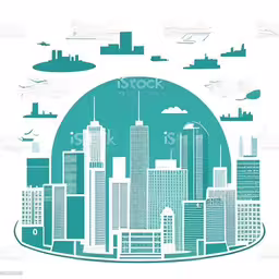 the city is depicted with blue buildings and clouds,a city skyline with an abstract image stock photo