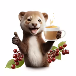 a small weasely holds up a cup with beverage in it
