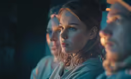 four people standing in a row looking off into the distance