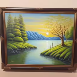 this painting is of a serene river near the hill and trees,painting of trees by the pond on a wall