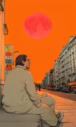 the image shows a man with his eyes closed sitting alone on a ledge in front of a city street