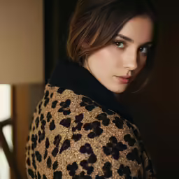 a close up photo of a young woman wearing a leopard sweater