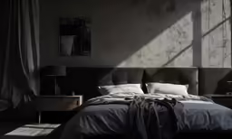 a bed in the bedroom with a sun coming through the windows