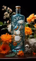 this bottle has birds on it and is sitting near flowers