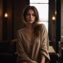 a beautiful woman in beige wearing a sweater
