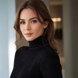 a woman in black sweater posing for the camera