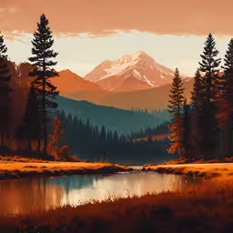 an abstract painting of a mountain scene with a river,mountains, trees and water in an area with grass and brush