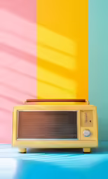 an old radio on a blue base stands against a brightly colored wall