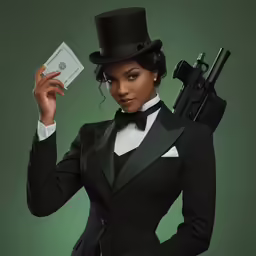 a woman in black clothes holding a gun