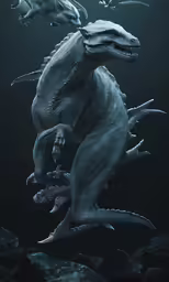 an artistic photo of dinosaurs swimming in water