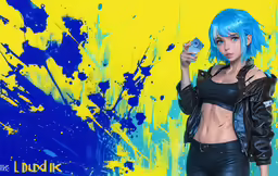 a blue haired girl dressed in black posing